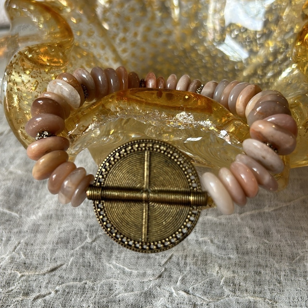 Broken Vintage Pink Opal semi-precious gemstone with brass labyrinth Charm. - Picture 3 of 8
